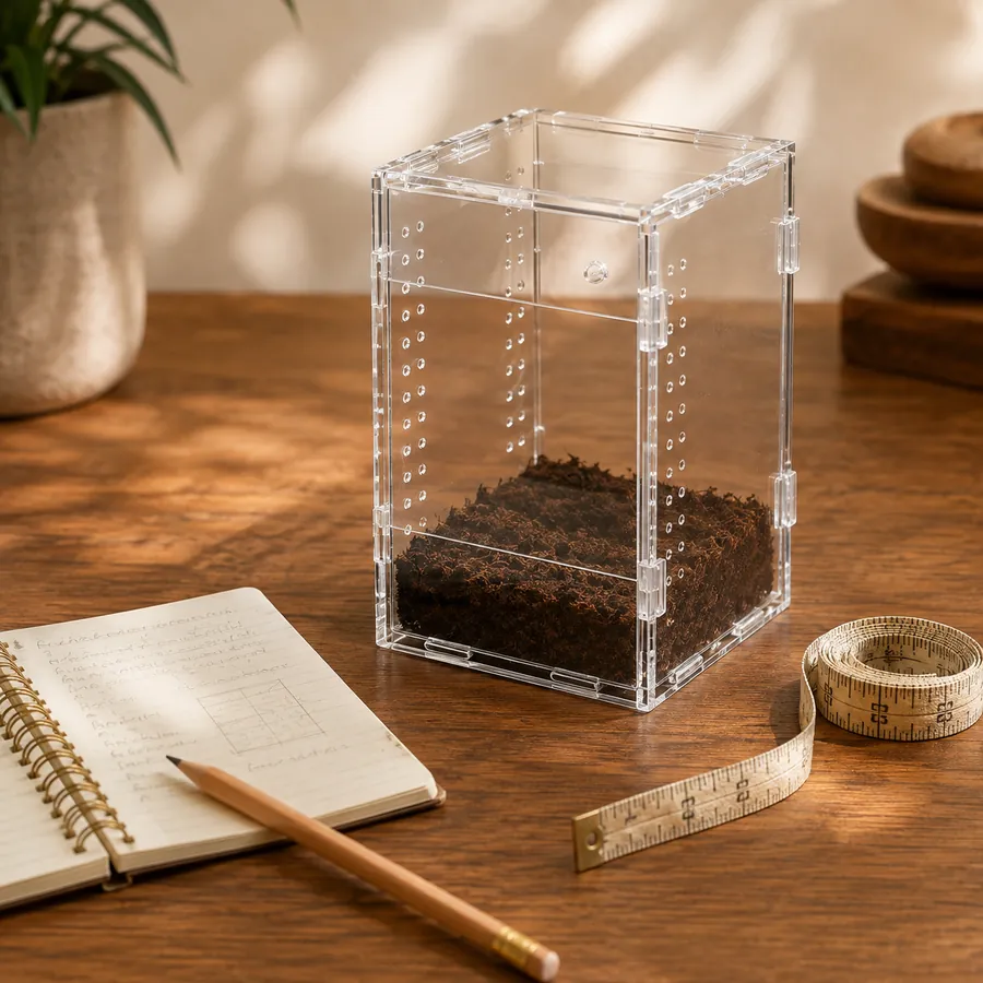 A TaranTerra acrylic enclosure on the desk beside the notebook and tape measure we use to check every stated dimension