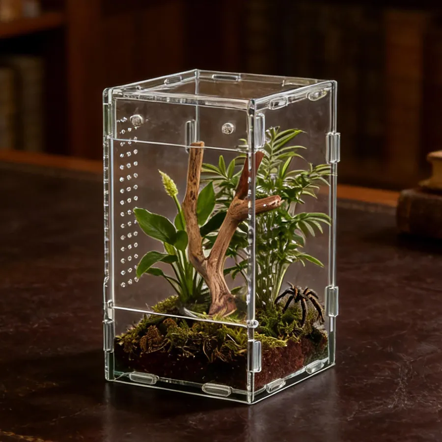 A tarantula inside the TaranTerra Large Tall acrylic enclosure during an at-home testing session