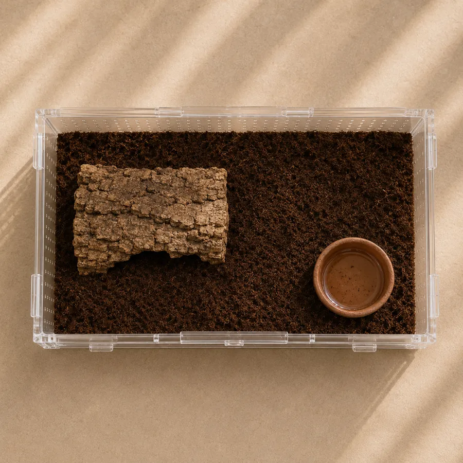 A wide adult terrestrial enclosure set up with cork bark and a water dish, ready for a rehoused spider