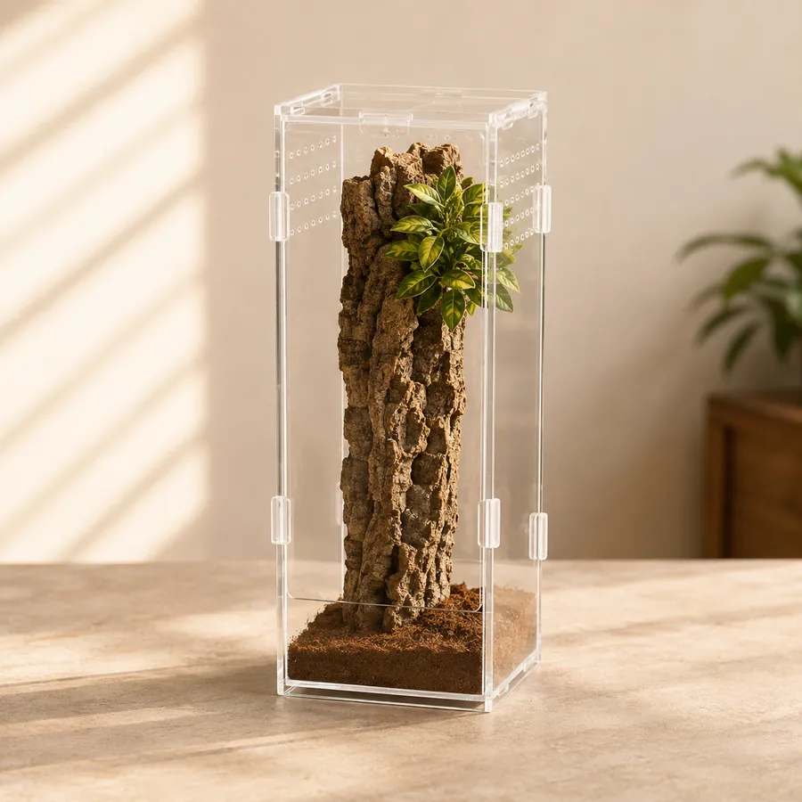 TaranTerra Large Tall clear acrylic enclosure, cork bark column and a plant, ventilation rows on both panes