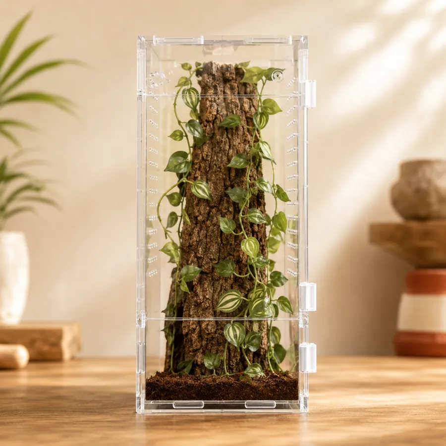 A tall acrylic enclosure with cork bark and trailing plants climbing its full height, the arboreal layout