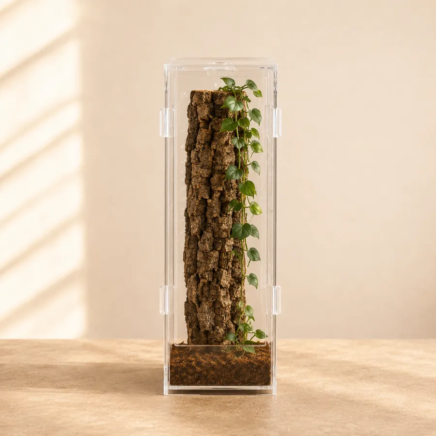 A tall TaranTerra acrylic enclosure with a vertical cork bark column running floor to ceiling