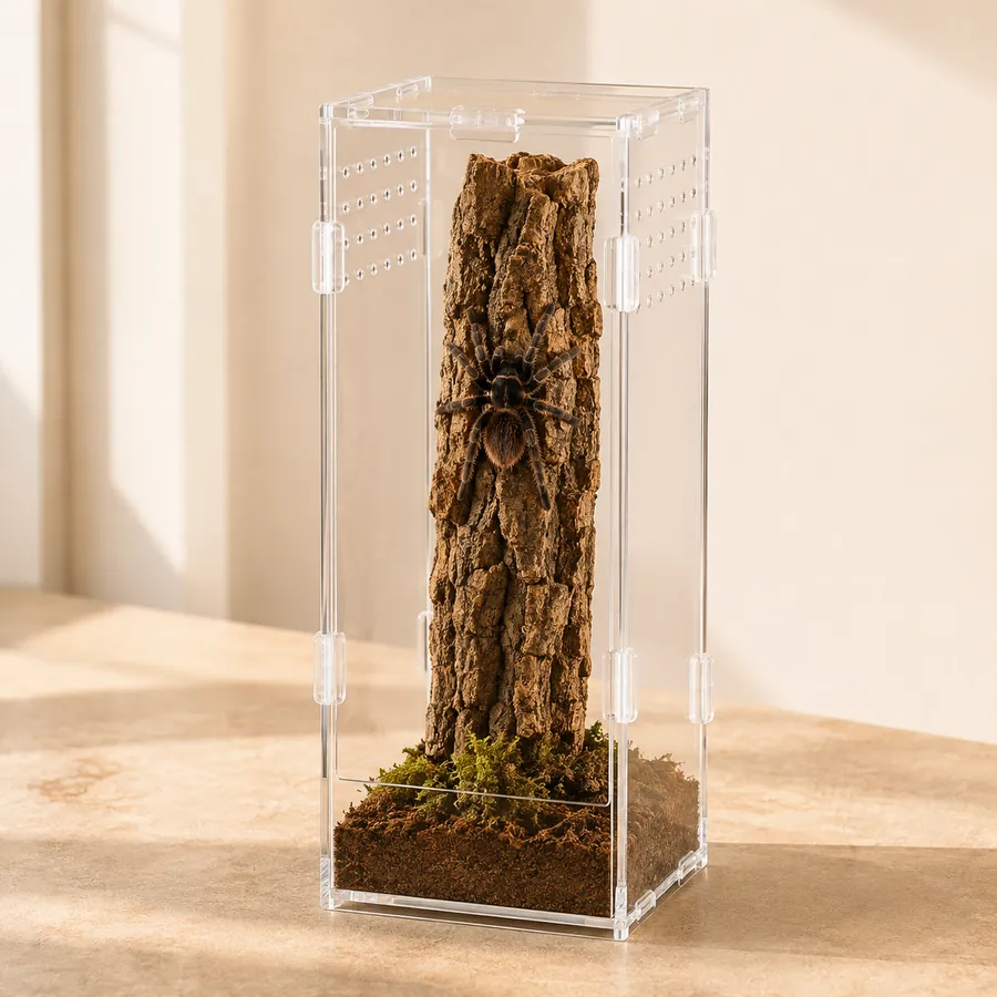 An adult tarantula resting on vertical cork bark inside a tall TaranTerra acrylic enclosure, the lifestyle the shape is built for