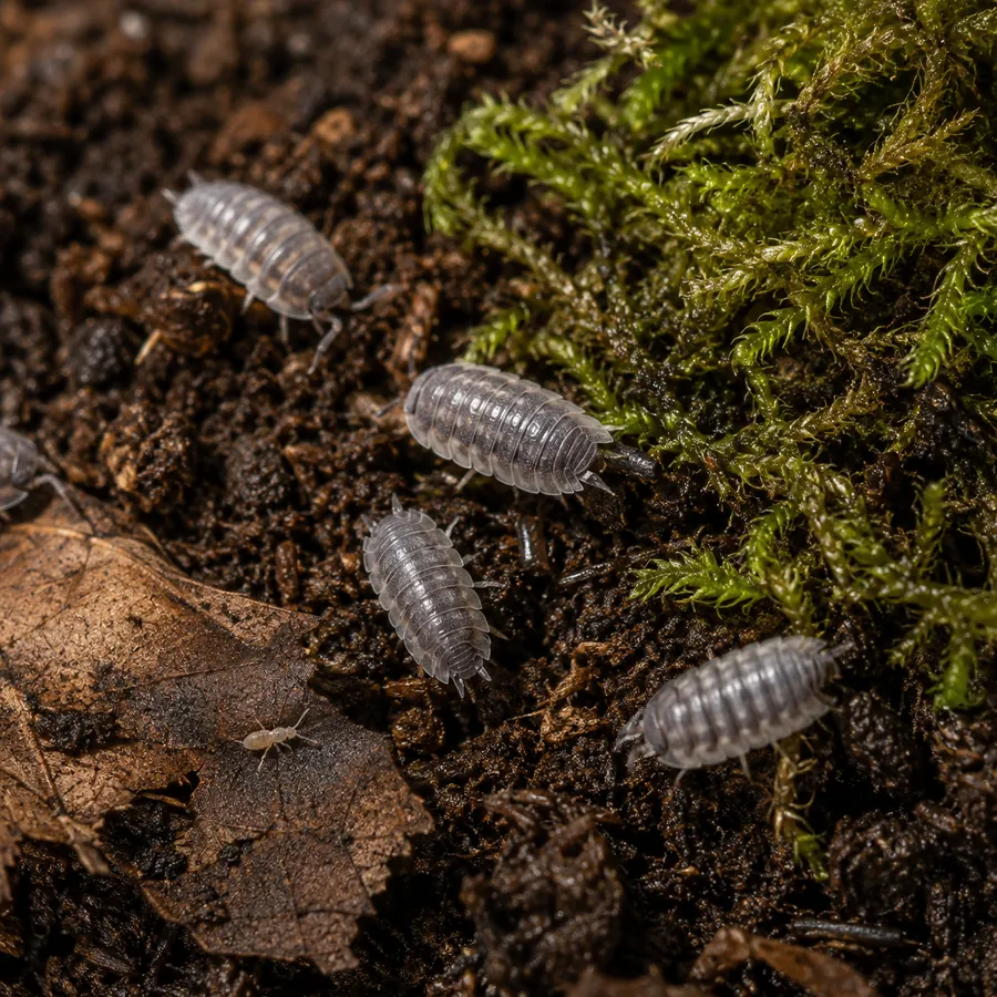 Isopods working across damp substrate and moss, the cleanup crew of a bioactive setup