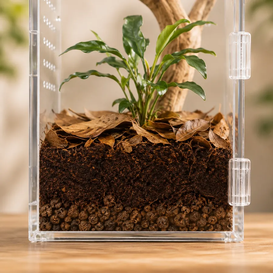 A cutaway view of a planted enclosure showing the drainage layer, the substrate and a live plant on top