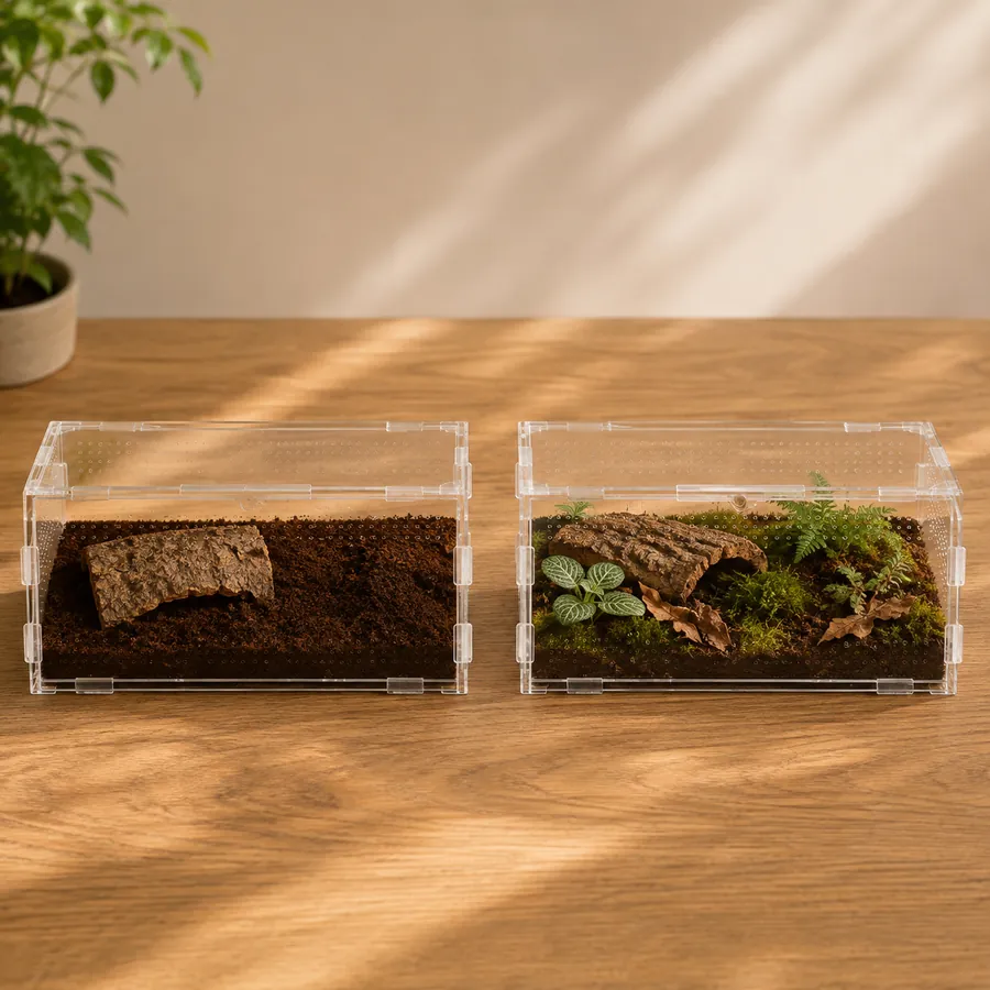 A plain cork-and-substrate setup beside a planted bioactive one, the two options side by side