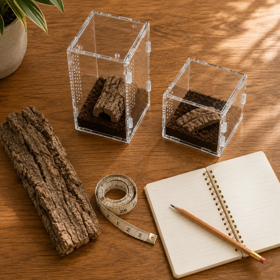 Two acrylic enclosures, a piece of cork bark, a tape measure and an open notebook laid out on a desk