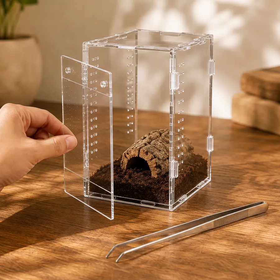 A TaranTerra acrylic enclosure with the front door swung fully open beside a pair of long tweezers, the setup used for a spot-clean