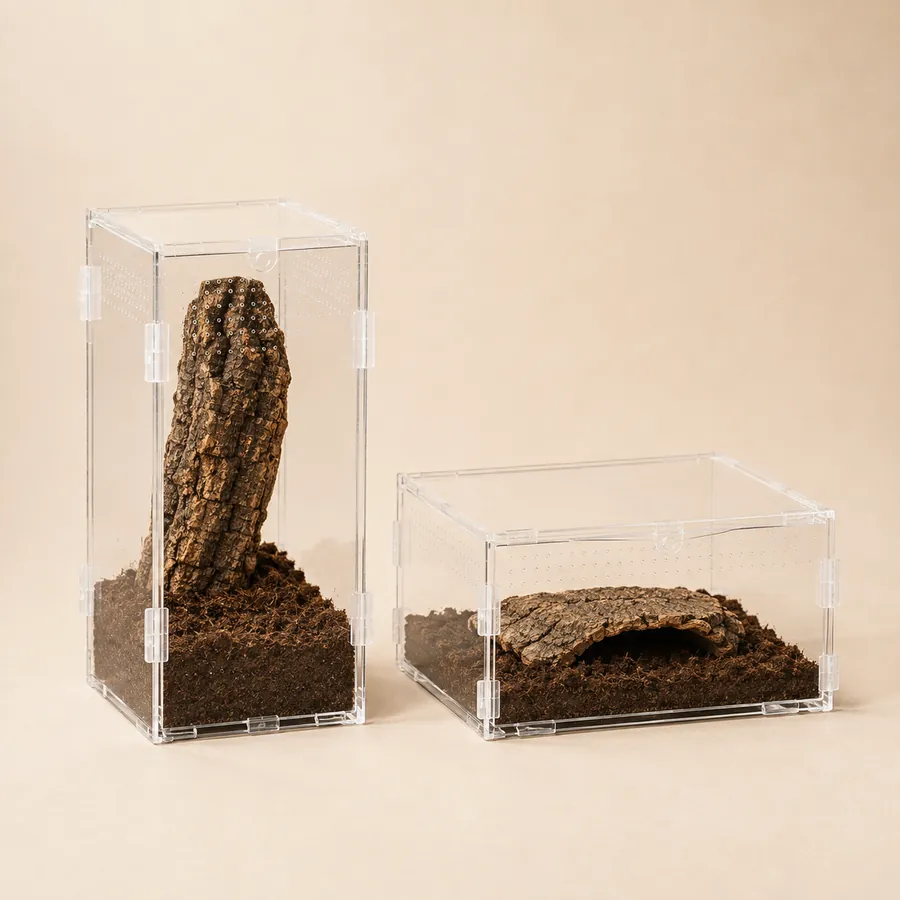 A tall arboreal enclosure and a wide terrestrial enclosure side by side, the two TaranTerra adult models