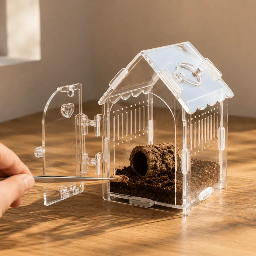 Close-up of the TaranTerra House hinged flip door open for feeding and cleaning