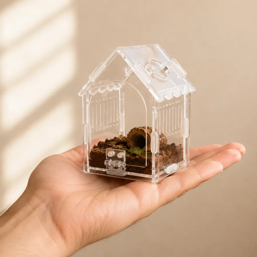 The TaranTerra House enclosure held in one hand, showing how small a sling home really is