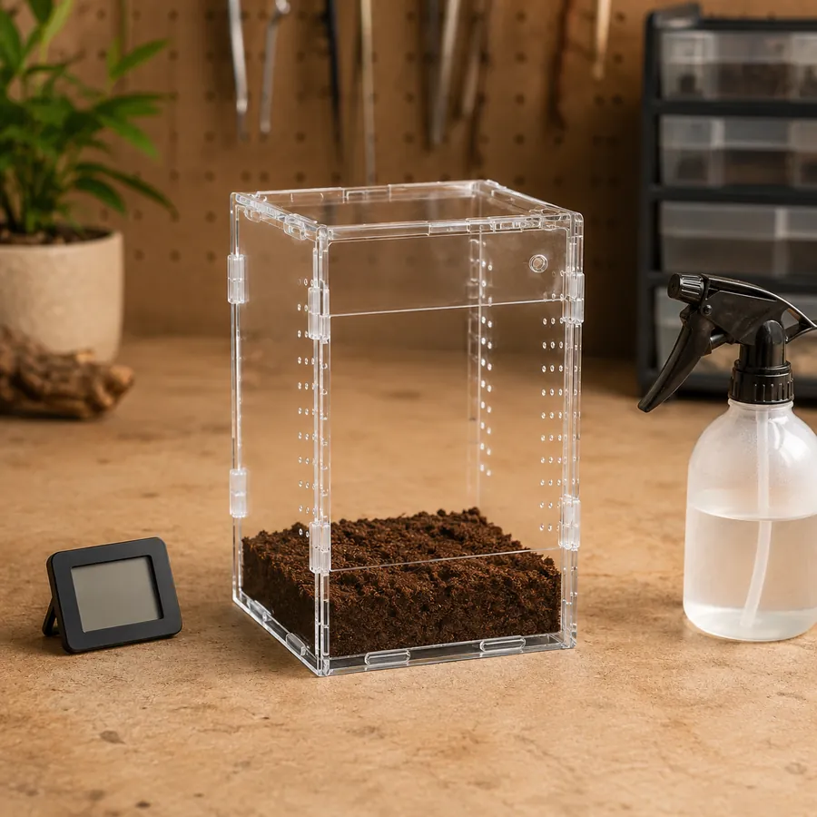 An acrylic enclosure on the test bench beside a digital hygrometer and a spray bottle
