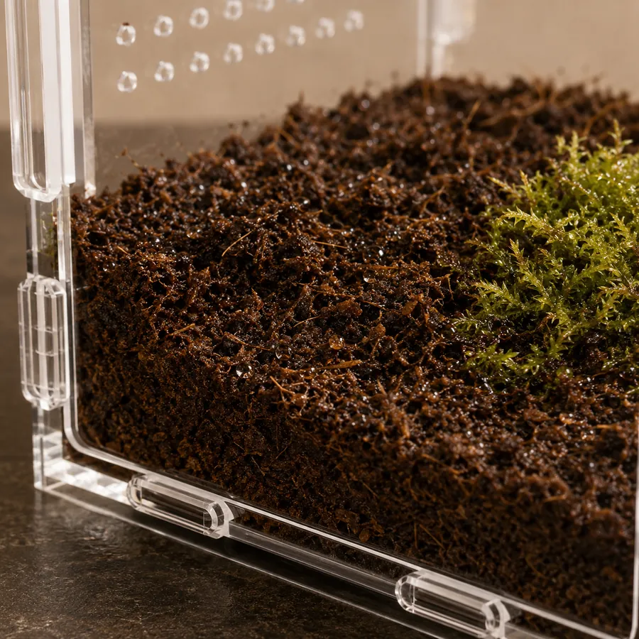 Damp substrate and moss with condensation beading on the ventilated panel of a clear TaranTerra acrylic enclosure