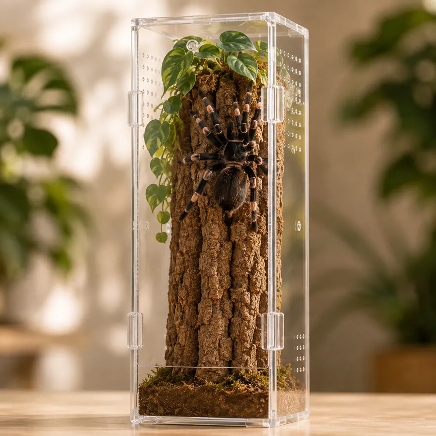 A pink toe tarantula with pale feet gripping vertical cork bark under live foliage