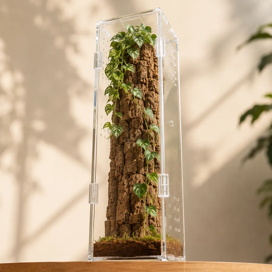 A tall acrylic enclosure with cork bark and trailing plants reaching the upper panels