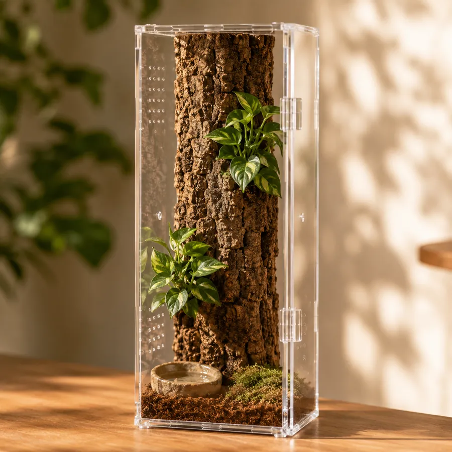 A finished pink toe setup: vertical cork bark, live plants and a shallow water dish on a thin base layer