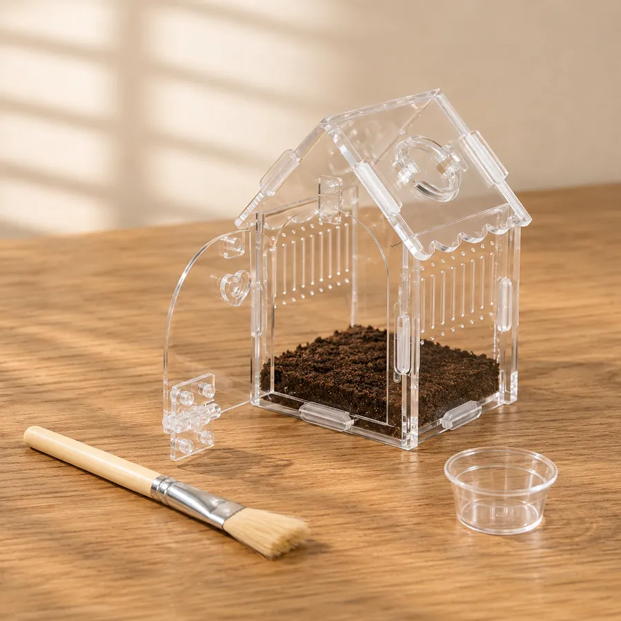 A small house enclosure open beside a brush and a catch cup, the kit for moving a sling up a size