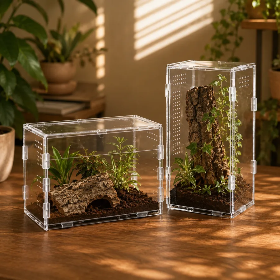 A TaranTerra wide terrestrial enclosure and tall arboreal enclosure set up side by side on a warm wooden surface