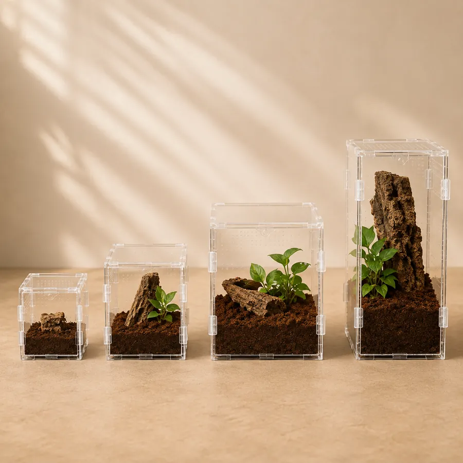 Four acrylic enclosures lined up smallest to largest, the sizes a tarantula moves through as it grows