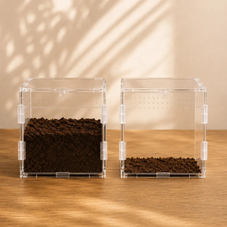 Two acrylic enclosures side by side, one with a shallow base layer and one filled deep for burrowing