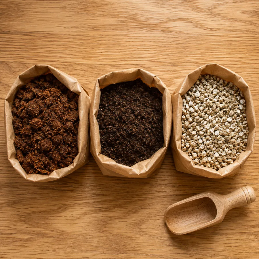 Three open paper bags holding coco fiber, topsoil and vermiculite beside a wooden scoop
