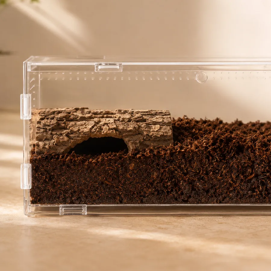 A deep, moist substrate layer built up inside an acrylic enclosure, deep enough to hold a burrow