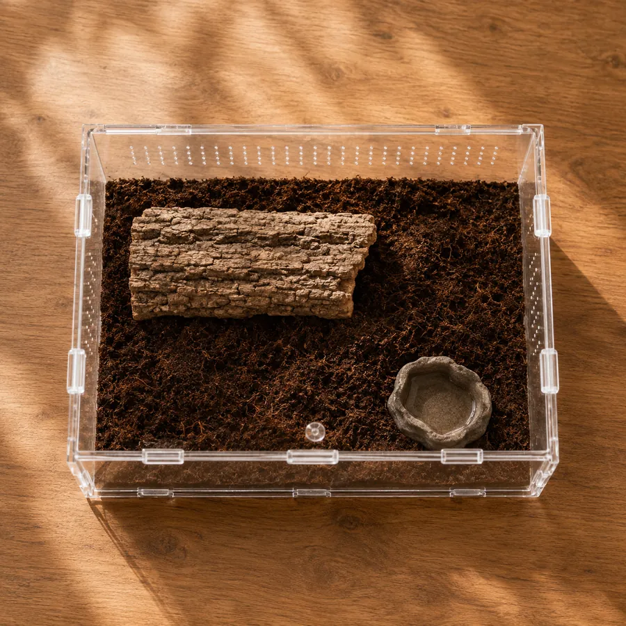 TaranTerra Large Wide terrestrial acrylic enclosure with a deep substrate layer and a cork bark hide for a ground-dwelling tarantula