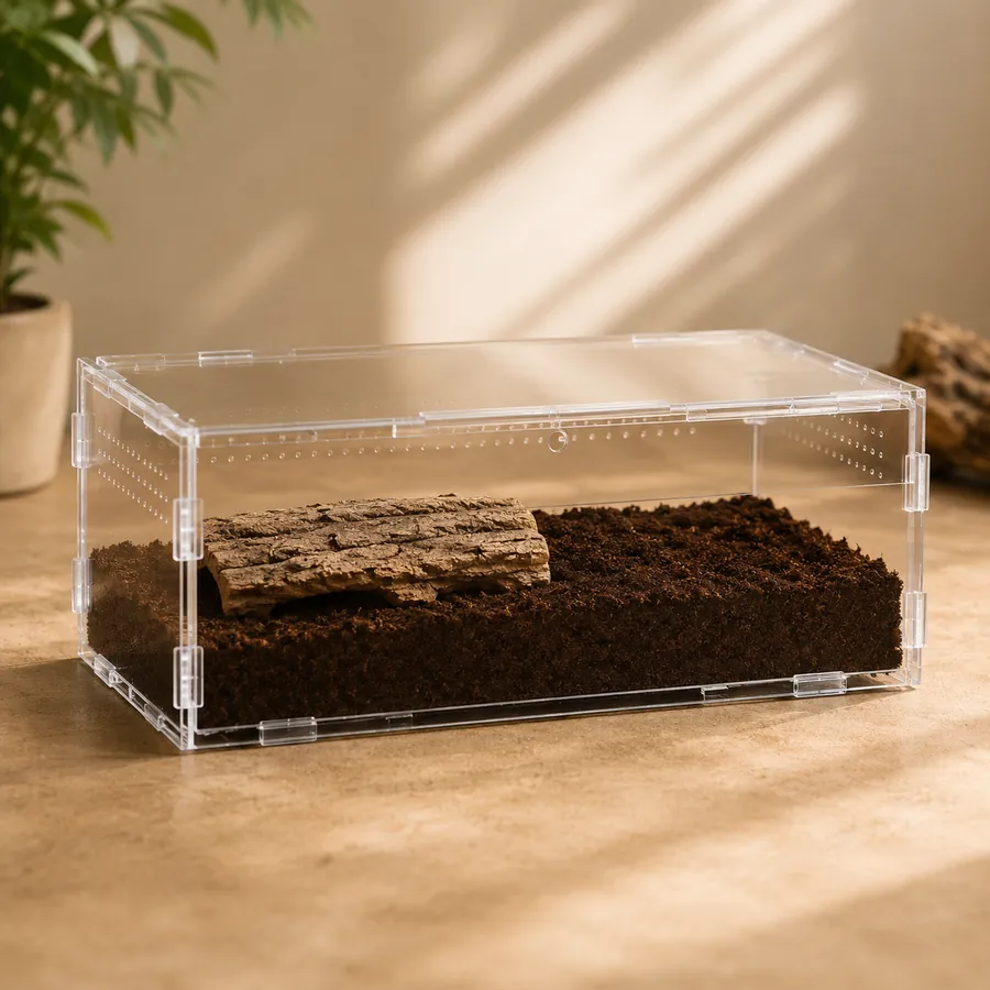 A wide, low TaranTerra acrylic enclosure with a cork bark hide laid flat on a broad substrate floor