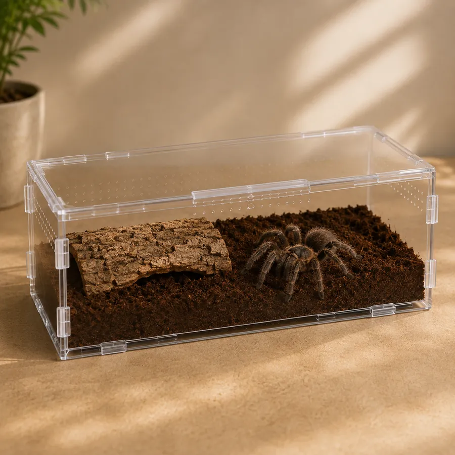 A tarantula resting on deep substrate beside a cork bark hide inside a wide clear TaranTerra acrylic enclosure