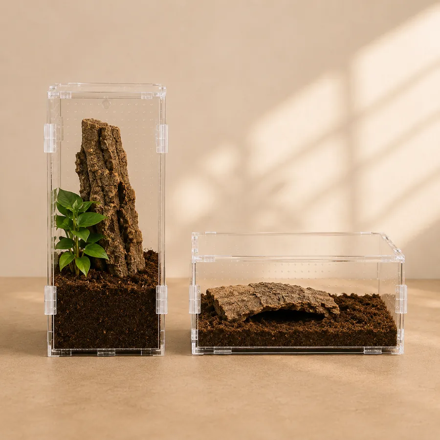 A tall arboreal enclosure and a wide terrestrial enclosure side by side, the two shapes the lifestyle split calls for