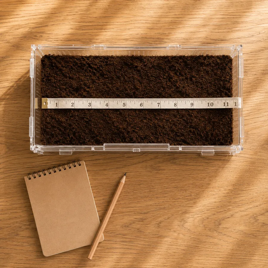 A tape measure laid across the substrate floor of a wide acrylic enclosure to read its usable width